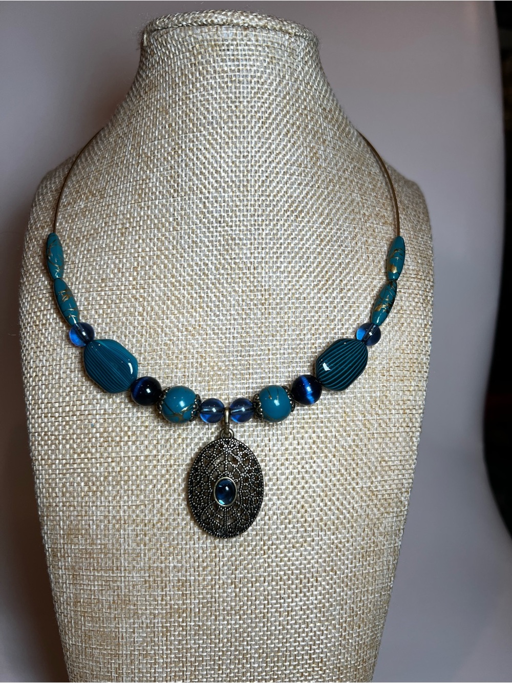 Vintage Avon Teal Beaded Choker Necklace Boho Filigree Pendant